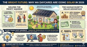 Infographic explaining the benefits of solar for Massachusetts daycares, including 40 percent tax credits, SMART incentives, and educational benefits.